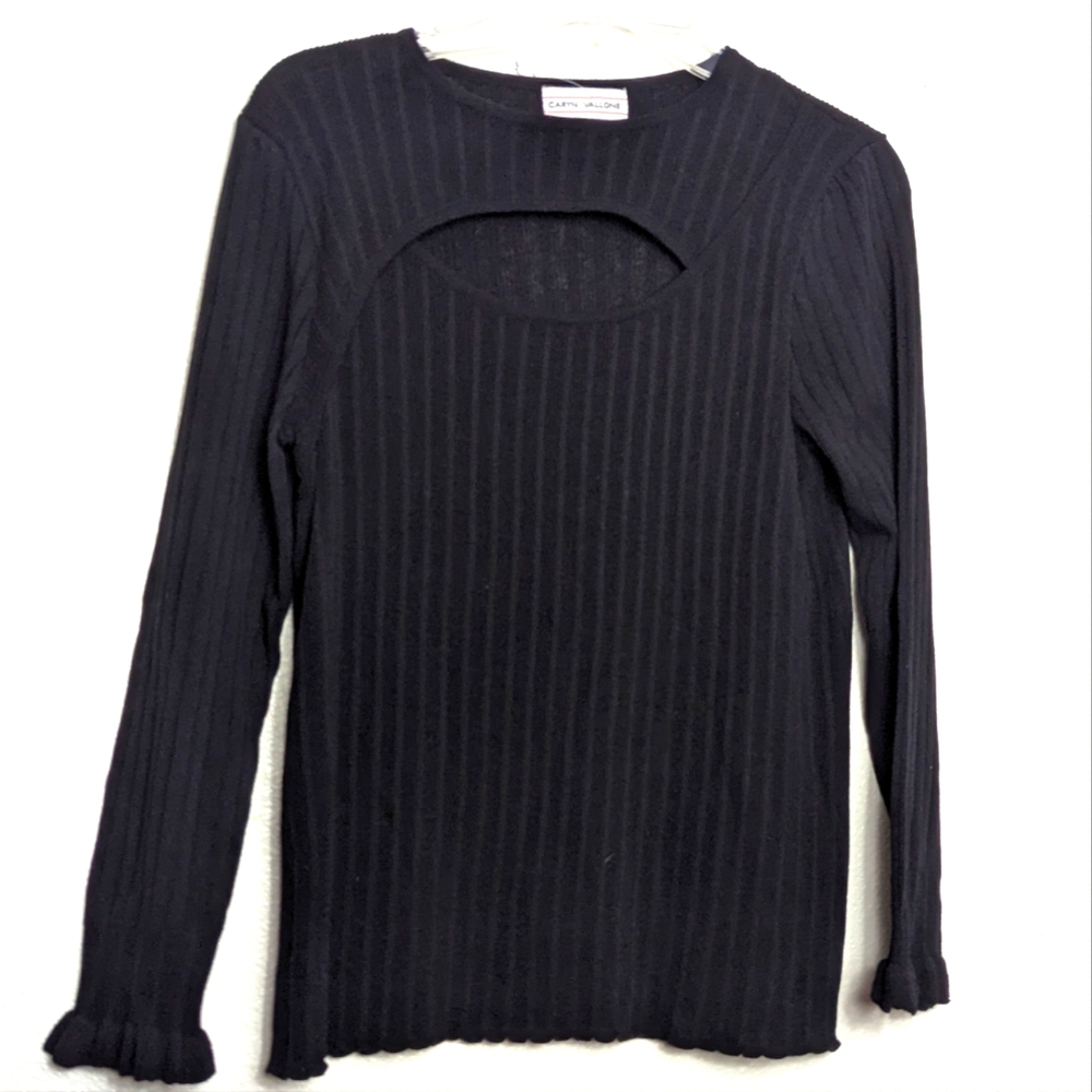 CARYN VALLONE Black Ribbed Ruffle Sleeve Small Top Neutral Academia Core NWT